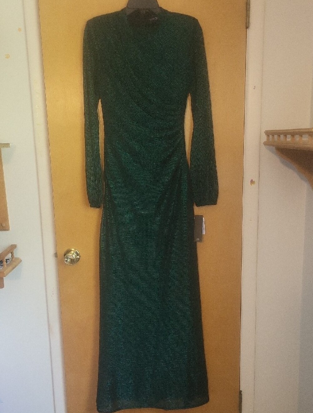 Betsy & Adam Emerald Green Long Sleeve Metallic Gown